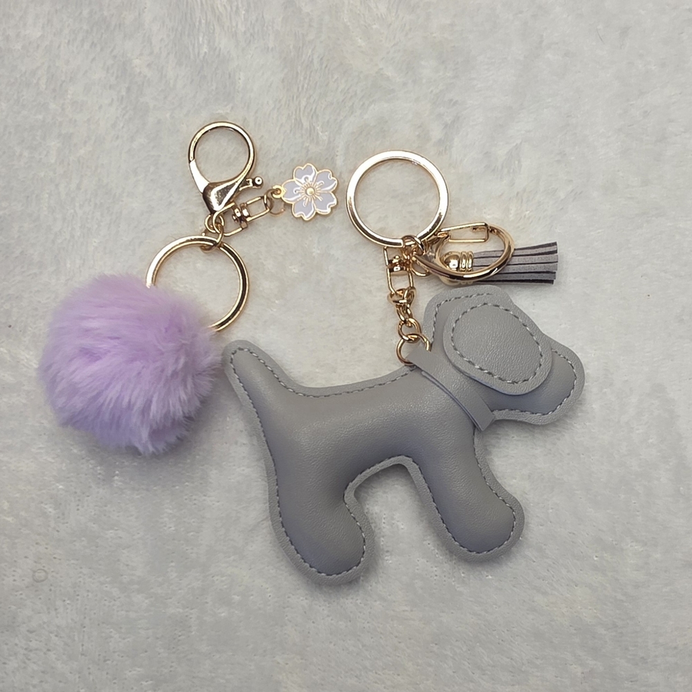 Gray Dog-Shaped Bag Purse Backpack Charm with Purple Pom Pom Keychain
